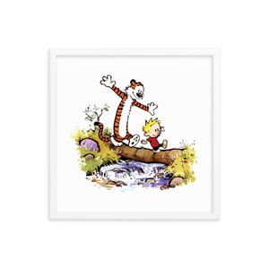 May include: A cartoon illustration of a boy and a tiger walking on a log over a stream. The tiger is orange and black with white stripes. The boy is wearing a red shirt and blue shorts. The background is a watercolor painting of green trees and a blue stream.
