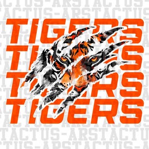 Może przedstawiać: Pomarańczowo-czarna grafika "Tigers" z motywem pazurów tygrysa. Obraz zawiera ikonę pobierania cyfrowego i logo "Just for You" z sercem. Tło ma powtarzający się wzór tekstu.