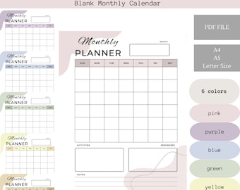 Printable Monthly Planner, Sunday Start Blank Monthly Calendar PDF, A4 A5 Letter Size, Muted Color Planner Insert