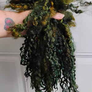 ES Teeswater Wool Locks (sold by half ounce) 4 ounce shown - Color - Long Legged Witch2-   Forest Greens/nat/blues/copper. Spinning, weaving