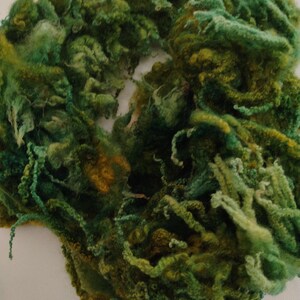 May include: A loose, unspun mass of raw wool fibers in various shades of green, ranging from deep forest green to bright lime and olive tones. The texture is curly, tangled, and voluminous, with individual strands creating a soft, fibrous appearance.
