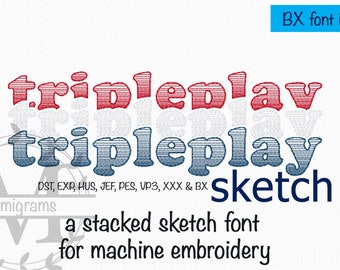 TriplePlay Stacked Sketch Schriftart | Maschinenstickerei | mit SX-Format | Schnellstich | Sofort Download