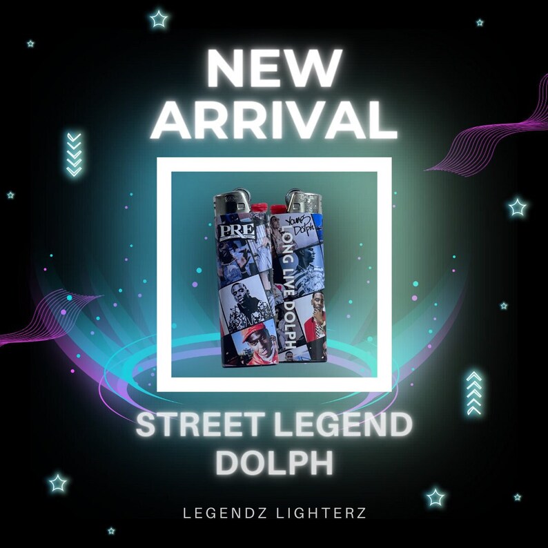 May include: Two silver lighters with black and white photo collages of rapper,  'Young Dolph', with the text 'Long Live Dolph' and 'PRE' on the lighters. The text 'Street Legend Dolph' and 'LEGENDZ LIGHTERZ' are below the lighters.