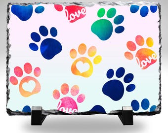 Love Paw Print Slate Plaque 8x10 | Colorful Pet Paw Wall Art | Dog Cat Lover Gift | Rainbow Paw Decor | Pet Memorial or Gift