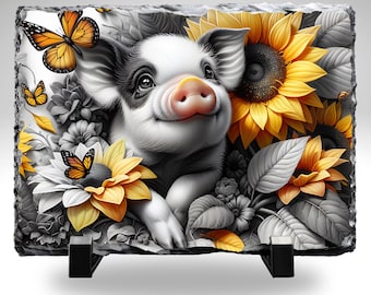 Piglet Sunflower Slate Stone 8x10 | Farm Animal Decor | Cute Pig Art Plaque | Country Farmhouse Gift | Animal Lover Home Decor