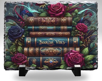 Bookish Vibes Slate Stone 8x10 | Book Lover Decor | Reader Gift | Floral Bookshelf Art | Cozy Reading Room Plaque