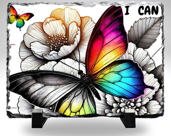 I Can Butterfly Slate Plaque 8x10 | Inspirational Butterfly Wall Art | Rainbow Butterfly Decor | Motivational Gift | Floral Slate Stone