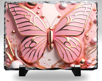 Pink Butterfly Slate Stone Plaque, Elegant Butterfly Home Decor, Printed Slate Gift, Housewarming Gift