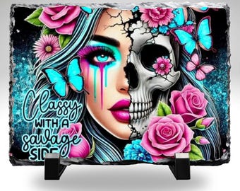 Classy With a Savage Side Slate Plaque 8x10 | Skull Butterfly Floral Art | Gothic Home Decor | Edgy Woman Wall Art | Gift for Her