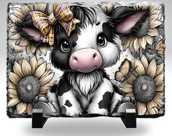 Highland Cow Slate Plaque 8x10 | Cute Cow Sunflower Wall Art | Farmhouse Animal Decor | Rustic Country Home Decor | Cow Lover Gift