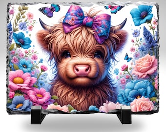 Highland Cow Slate Plaque, Cute Floral Cow Decor, Home Decor Gift, Decorative Slate with Stand, Cow Theme