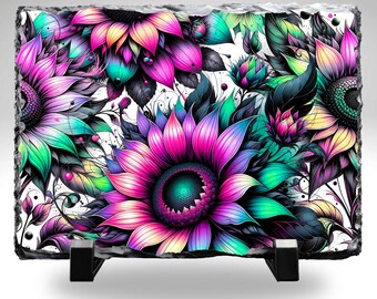 Rainbow Sunflower Slate Stone Plaque 8x10 | Colorful Floral Home Decor | Vibrant Botanical Art | Nature Lover Gift