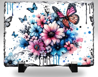 Floral Butterfly Slate Plaque | Watercolor Flower Stone Art | Butterfly Home Decor | Nature Wall Art | Gift for Her | Rustic Floral Decor