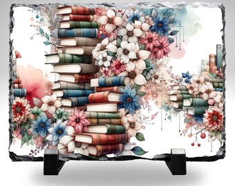 Floral Book Stack Slate Plaque 8x10 | Book Lover Decor | Reader Gift | Floral Library Art | Bookish Home Decor | Slate Stone Print