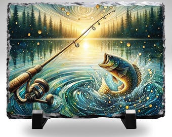 Bass Fishing Slate Stone 8x10 | Fisherman Wall Decor | Angler Gift | Lake Fishing Art | Rustic Man Cave Plaque