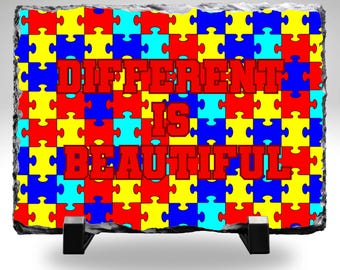 Different Is Beautiful Slate Stone 8x10 | Autism Awareness Decor | Puzzle Piece Art | Neurodiversity Gift | Inspirational Quote Plaque