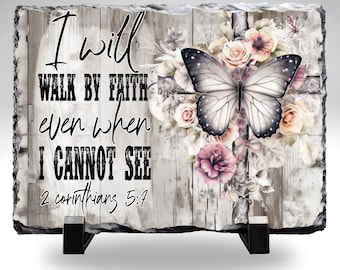Christian Bible Verse Slate Plaque, Walk by Faith 2 Corinthians 5:7, Religious Home Decor, Stone Religious Gift