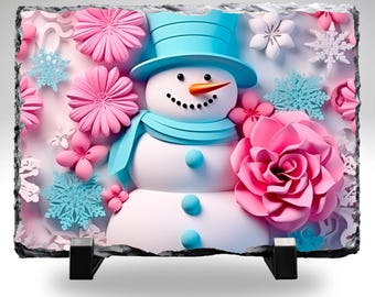 Pink & Teal Snowman Slate Stone 8x10 | Floral Winter Decor | Christmas Home Decor | Cute Snowman Gift | Holiday Tabletop Art