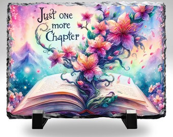 Just One More Chapter Slate Stone 8x10 | Book Lover Gift | Reader Home Decor | Bookish Wall Art | Floral Reading Quote Decor