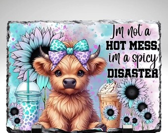 I’m Not a Hot Mess I’m a Spicy Disaster Slate Stone Plaque 8x10 | Funny Cow Decor | Sarcastic Home Office Gift