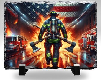 Firefighter Slate Stone 8x10 | Patriotic Firefighter Decor | Fireman Gift | First Responder Wall Art | American Flag Firefighter Plaque