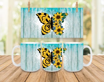 Floral Nature Coffee Mug, Butterfly Sunflower Mug, 11oz Mug, Cute Gift For Her, 15oz Mug, Nature Inspired Gift