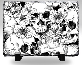 Gothic Skull Slate Stone 8x10 | Black and White Skull Art | Floral Skull Decor | Gothic Home Decor | Alternative Wall Art