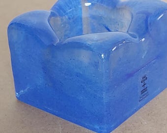 Vintage blauw glazen kandelaar Skruf Zweden, Scandinavisch design, handgemaakt kunstglas