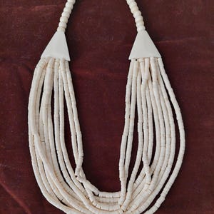Vintage Bone Beaded Necklace – 10 Strand Tribal Cream Jewelry – Hand Carved Boho Statement Necklace – Natural Bone Beads