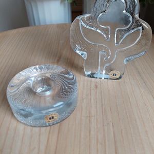 Vintage Reijmyre Glass Set: Swedish Candlestick & Floral Paperweight