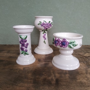 Roza Ljung Ceramic candlestick purple flowers/Sweden vintage/wedding decor 70s