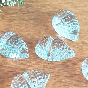 Peut inclure: Plusieurs objets en forme de pomme de pin en verre transparent et texturé. Chacun a une fente. Ils sont disposés sur une surface en bois, avec quelques brins de verdure en arrière-plan.