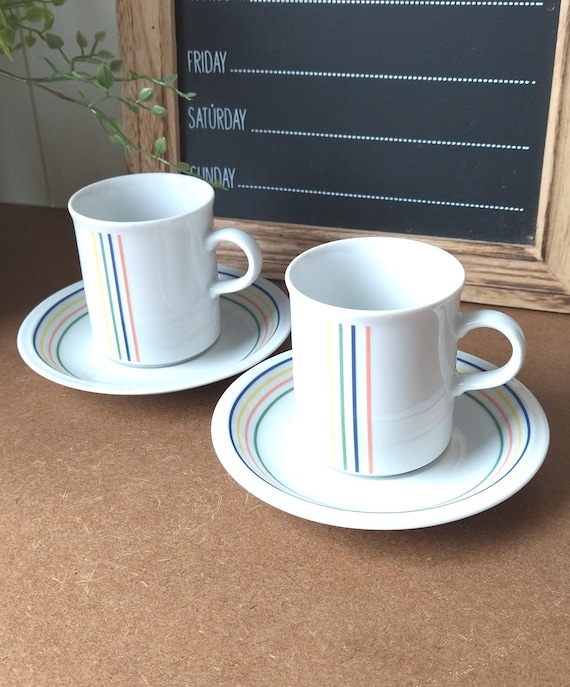 IKEA 1980er Paar Kaffeetassen mit Untertassen - Vintage Geschirr - Retro Design W. Germany