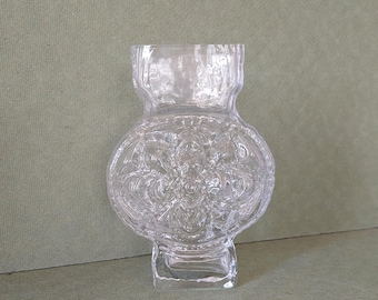 Brutalist  Vintage Clear Pressed Glass Vase, Floral Relief Ice Glass -  Retro 70s Home Decor