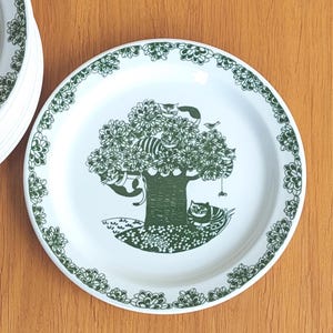 Könnte beinhalten: Weiße Keramikplatte mit einem grünen Baum- und Katzenmotiv. Der Baum befindet sich in der Mitte, mit Katzen in den Ästen. Ein grünes Blumenmuster umrandet den Rand der Platte. Die Platte liegt auf einer Holzoberfläche.