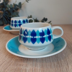 Arabia Blue Motti coffee cup and saucer Mid centuri Collection Finnish design