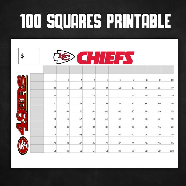 Printable Super Bowl Squares 100 Numbers, Squares Game,  Superbowl LVIII 2024, Football Squares, Instant Download, Football Squares