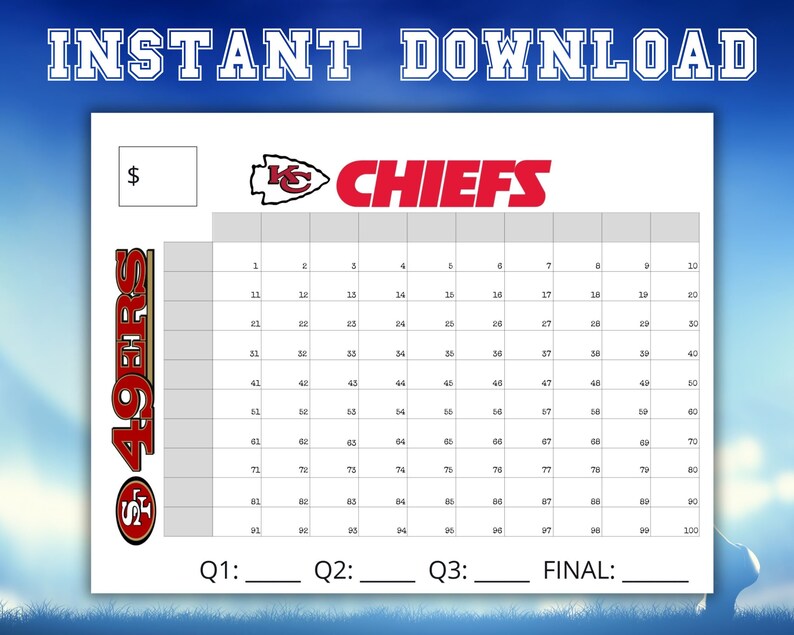 Printable Super Bowl Squares 100 Numbers, Squares Game, Superbowl LVIII ...