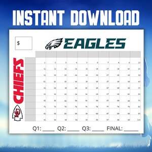 Super Bowl Squares stampabile 100 numeri, gioco dei quadrati, Superbowl LIX 2025, quadrati del football, download immediato, quadrati del football