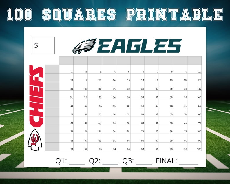 Printable Super Bowl Squares 100 Numbers, Squares Game, Superbowl LIX