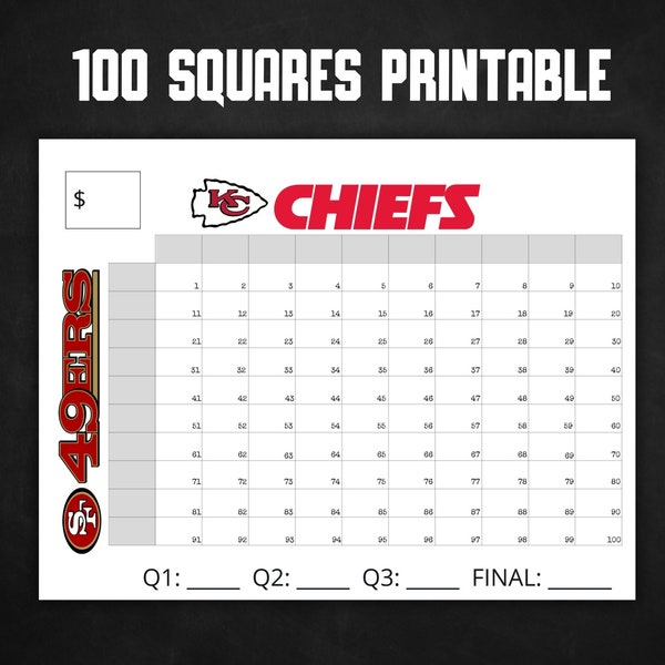 Printable Super Bowl Squares 100 Numbers, Squares Game,  Superbowl LVIII 2024, Football Squares, Instant Download, Football Squares