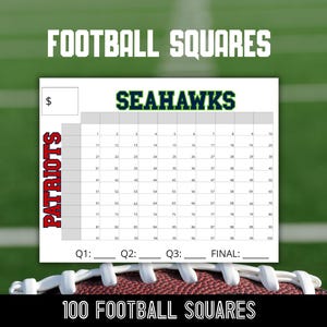 May include: A football squares game board featuring the Seahawks and Patriots teams. The board has 100 squares with numbers, and the text "Football Squares" and "100 Football Squares" is displayed.
