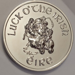 Szczęśliwa irlandzka moneta, niklowana, Seamroige, skrzat, Luck O' The Irish, wykończenie lustrzane w kolorze srebrnym