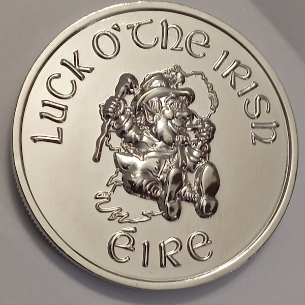 Lucky Irish Coin, Nickel Plated, An Seamroige, Leprechaun, Luck O' The Irish, Silver Colored Mirror Finish