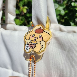 Cherry Blossom Pom Pudding Dog Boba Bubble Tea Acrylic Carabiner Keyring Sakura