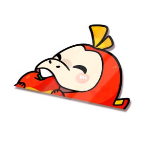 May include: A cartoon sticker of a red creature with a cream-colored face, winking and eating a red fruit. The creature has yellow accents and a happy expression. The sticker is on a white background.