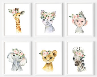 Safari Animal Prints, Girl Nursery Prints, Girl Bedroom Printable Wall Art, Jungle Animal Prints, Blush Pink Floral, DIGITAL DOWNLOAD