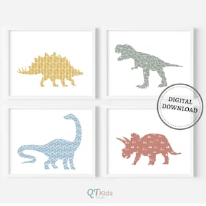 Dinosaur Prints, Set of 4 Dinosaur Nursery Wall Art, Boy Playroom Wall Decor, Toddler Boy Room Dinosaur Art Prints, DIGITAL DOWNLOAD