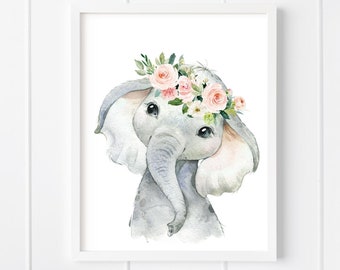 Elephant Nursery Print, Baby Girl Nursery Print, Safari Animal Floral Crown Printable Wall Art, Girl Playroom Wall Print, DIGITAL DOWNLOAD