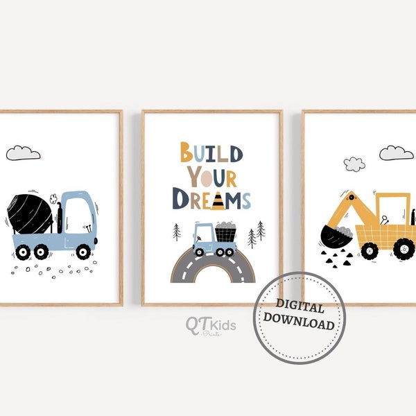 Construction Prints for Boys Room, Nursery Prints, Kids Room Prints, Construction Vehicles Prints, Set of 3 Truck Prints DIGITAL DOWNLOAD
